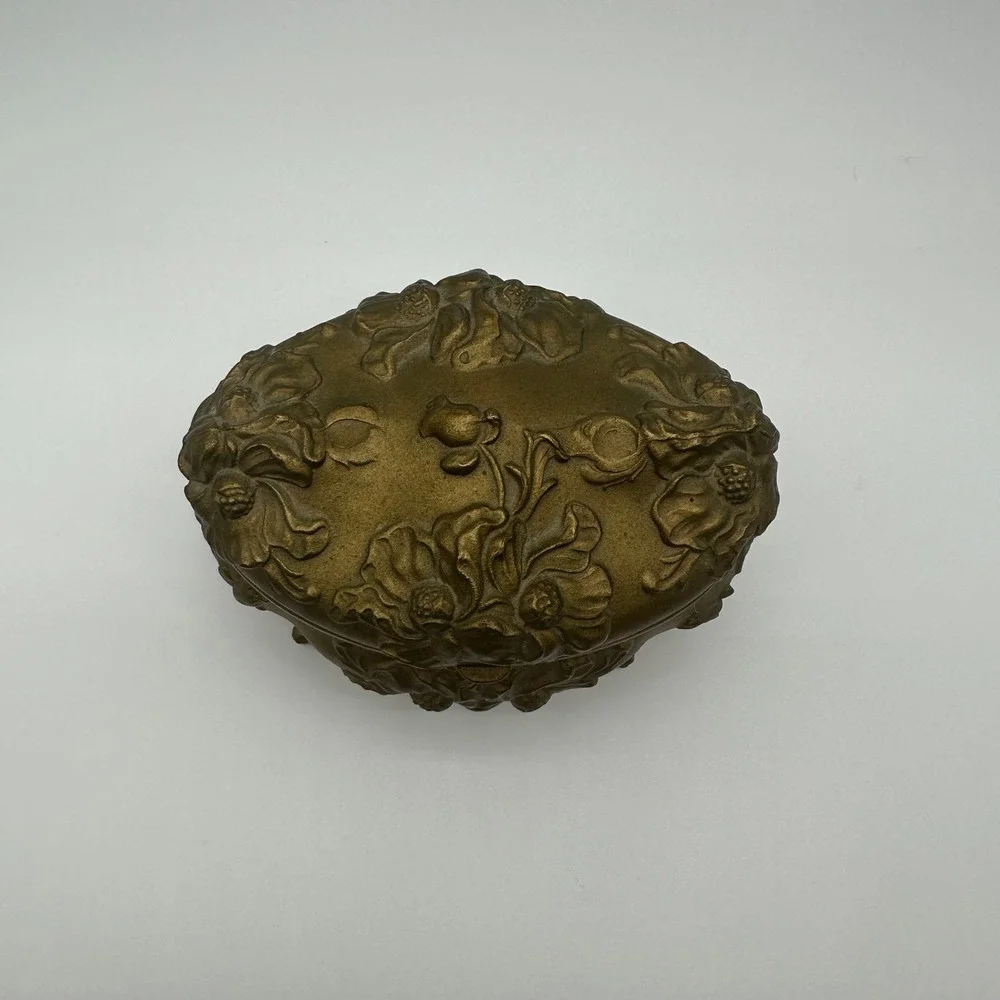 ANTQ Art Nouveau Jewelry Casket Footed Spelter Pot Metal Box Rose Relief Lined